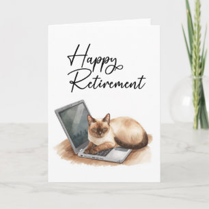 Cartão Gato da Aposentadoria está sentado no laptop
