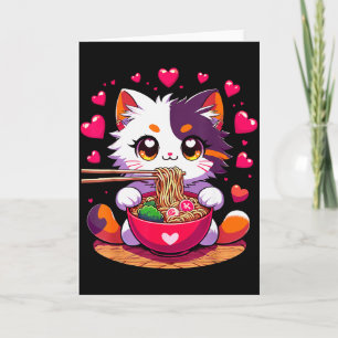 Cartão Gato de Anime Comendo Macarrão Ramen Com Corações 