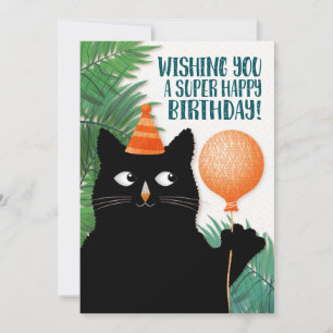 Cartão Gato de aniversário com chapéu de festa e balão