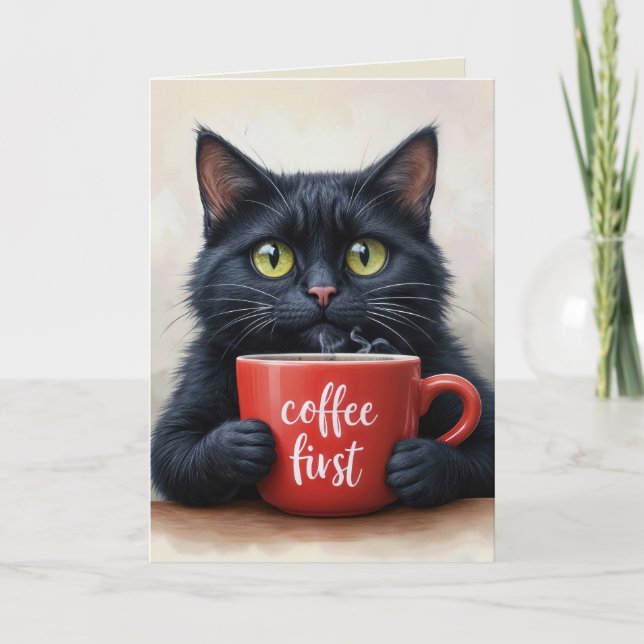 Cartão Gato De Aniversário Com Mug De Café (Frente)