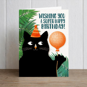Cartão Gato de aniversário e balão com texto personalizad