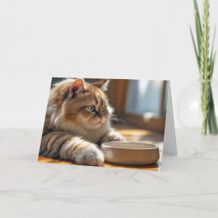 Cartão Gato de Aniversário Esperando por uma tigela de Co