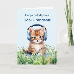 Cartão Gato de Aniversário legal do neto com Fones de ouv