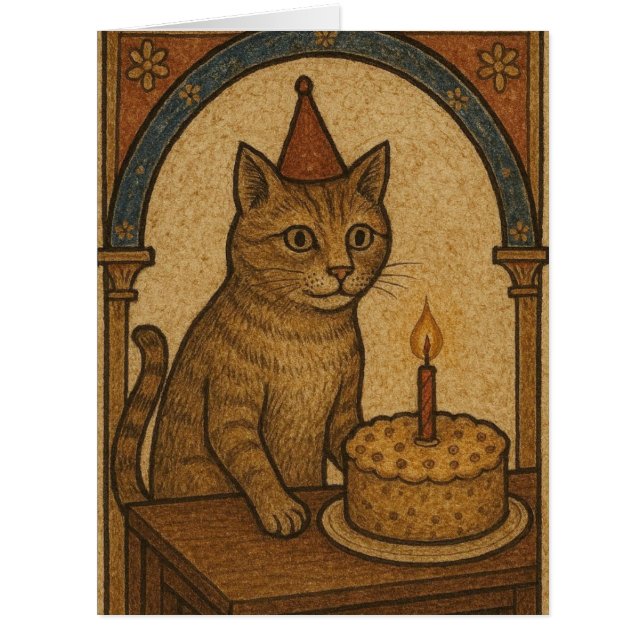 Cartão Gato de Aniversário Medieval (Frente)