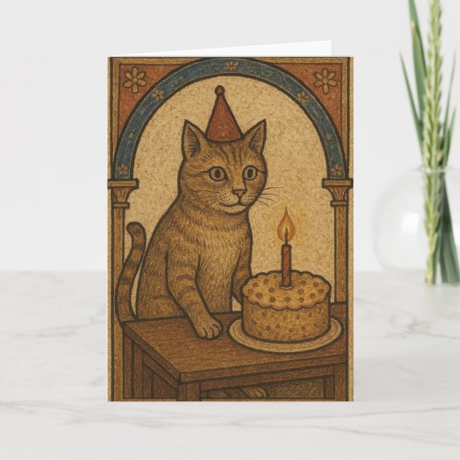 Cartão Gato de Aniversário Medieval (Frente)