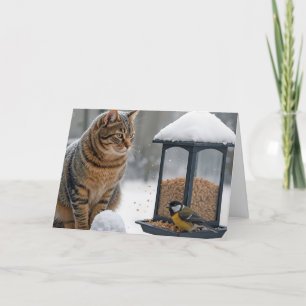 Cartão Gato de Aniversário Observando um Pássaro no Comed