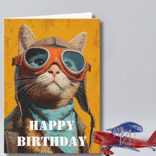 Cartão Gato de Aniversário Piloto Aviador Divertido Legal