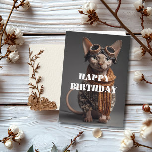 Cartão Gato de Aniversário Piloto Aviador Legal Divertido