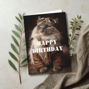Cartão Gato de Aniversário Piloto Aviador Legal Divertido