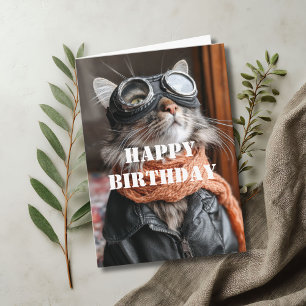 Cartão Gato de Aniversário Piloto Aviador Legal Divertido