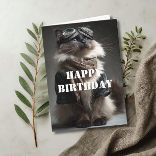 Cartão Gato de Aniversário Piloto Aviador Legal Divertido