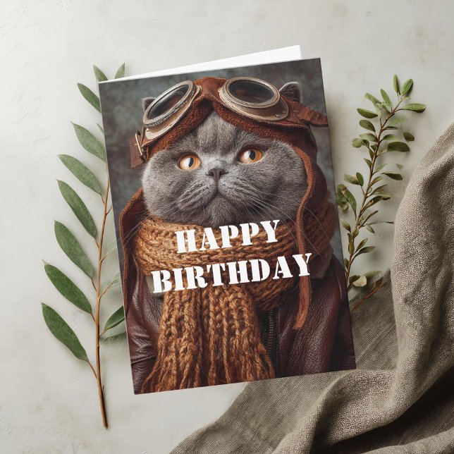 Cartão Gato de Aniversário Piloto Aviador Legal Divertido (Criador carregado)