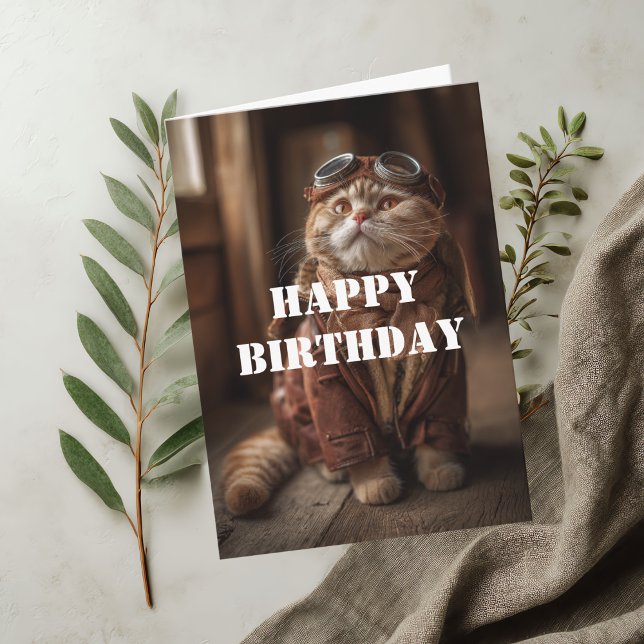 Cartão Gato de Aniversário Piloto Aviador Legal Divertido (Criador carregado)