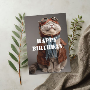 Cartão Gato de Aniversário Piloto Aviador Legal Divertido
