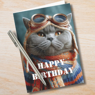Cartão Gato de Aniversário Piloto Aviador Legal Divertido