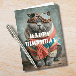 Cartão Gato de Aniversário Piloto Aviador Legal Divertido