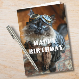 Cartão Gato de Aniversário Piloto Aviador Legal Divertido