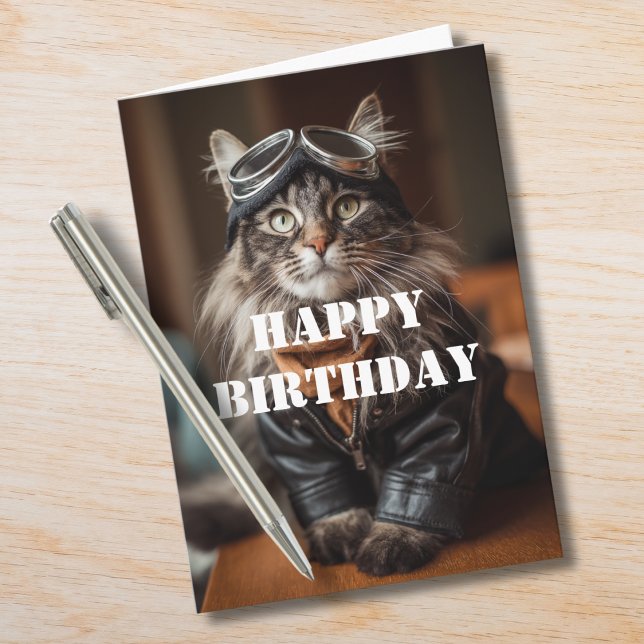 Cartão Gato de Aniversário Piloto Aviador Legal Engraçado (Criador carregado)