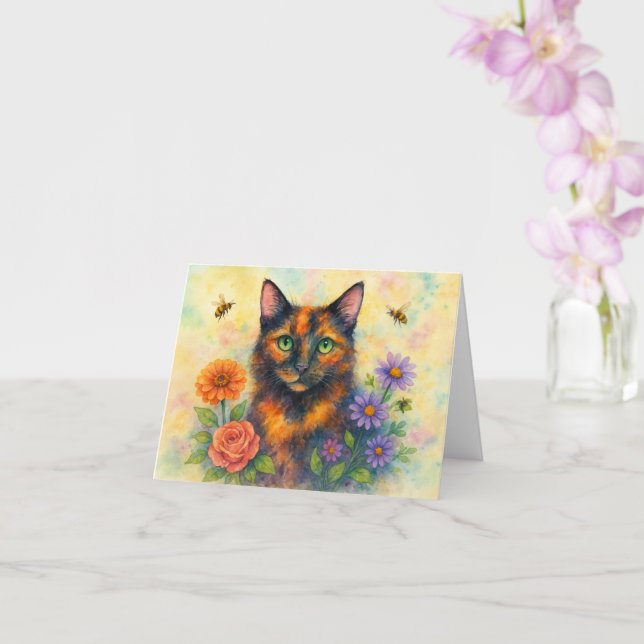 Cartão Gato de aquarela com flores (Orquídea)