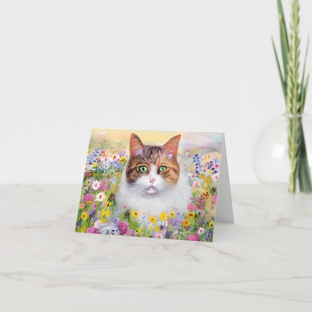 Cartão Gato de aquarela e flores silvestres personalizáve (Frente)