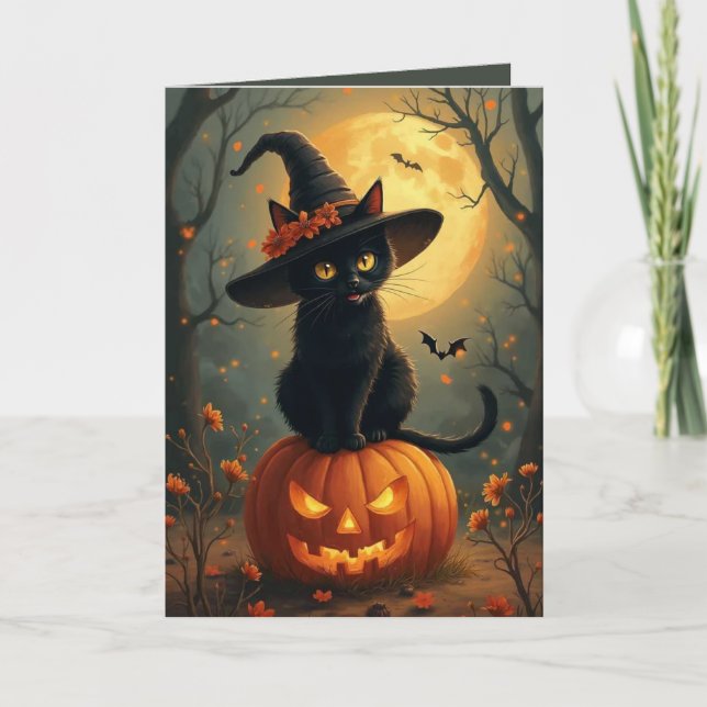 Cartão Gato De Bruxa De Halloween Em Um Abóbora (Frente)