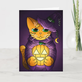 Cartão Gato de Bruxas de Halloween Roxo