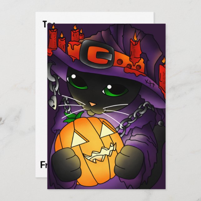 Cartão Gato de Bruxas Negras de Abóbora Halloween (Frente/Verso)