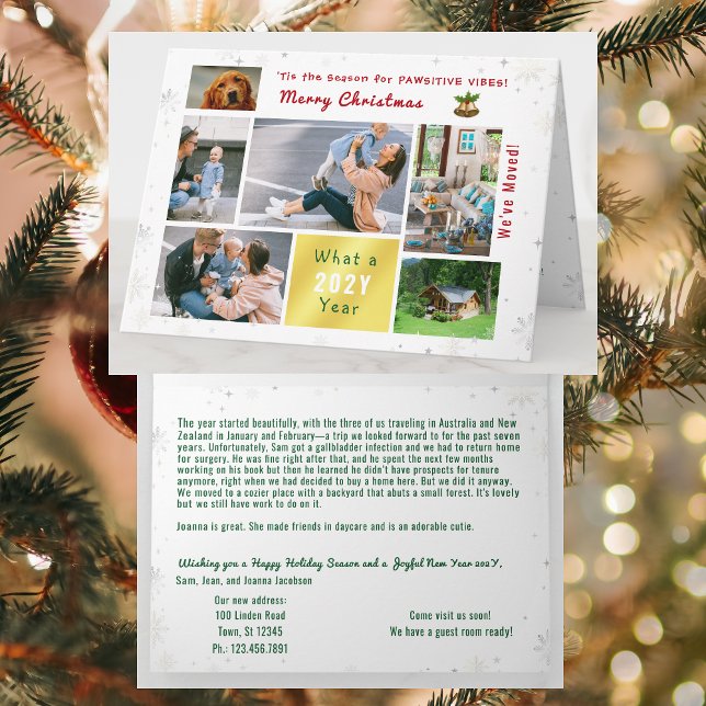 Cartão Gato de Cachorro Engraçado Nós mudamos novas fotos (Modern, elegant, funny Xmas card. Dog photo. We've Moved. 6 Photos. Peace, Love, Joy. Snowflakes)