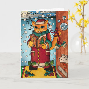 Cartão Gato de Cantor Carol de Natal encantador e encanta