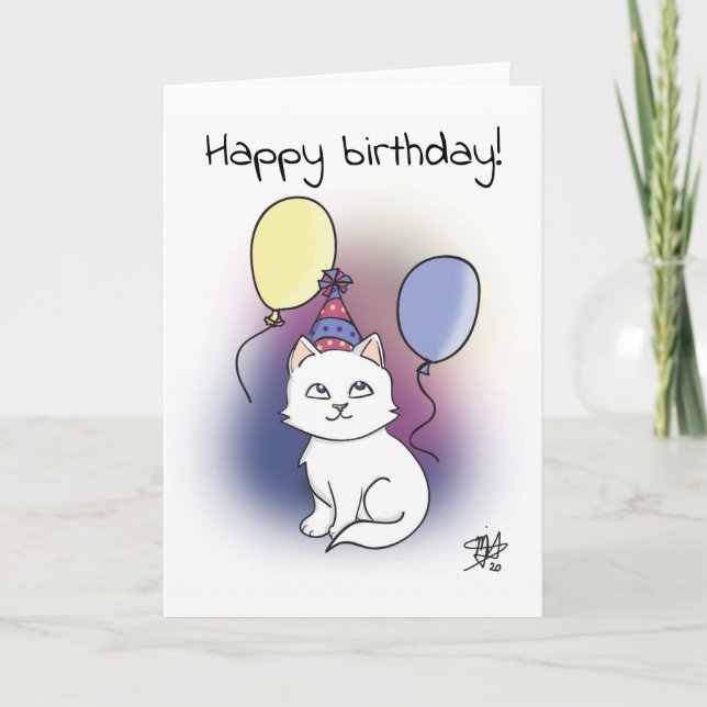 Cartão Gato de Cartografia Branca com Balões Feliz Aniver (Frente)