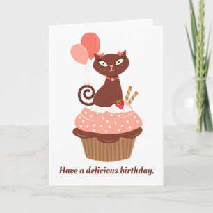 Cartão Gato de chocolate em um aniversário de Cupcake