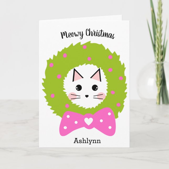 Cartão Gato de Coroa de Natal Rosa Verde (Frente)