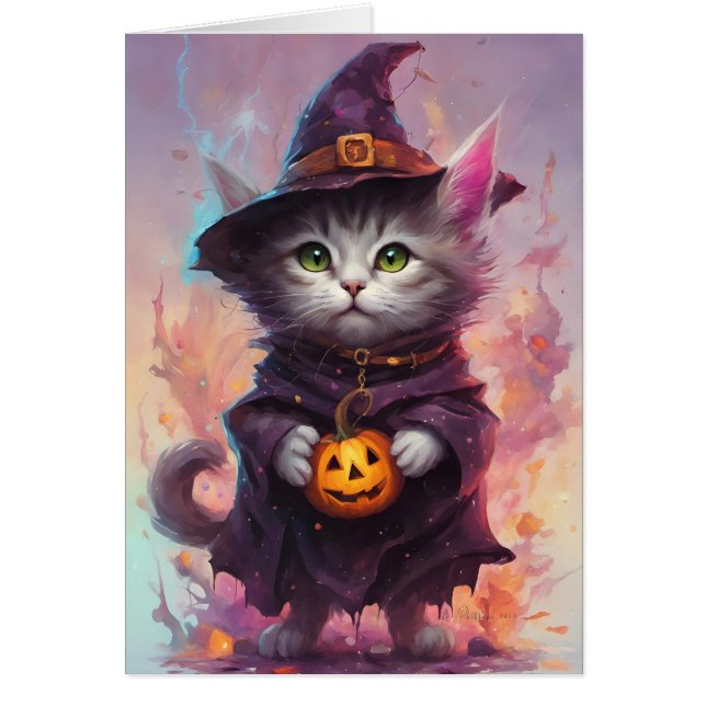 Cartão Gato De Gatinho De Bruxas De Halloween (Frente)