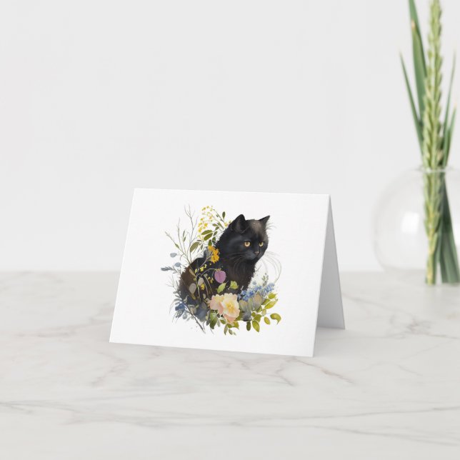 Cartão Gato de Gatinho Preto com VAZIO de Flores (Frente)