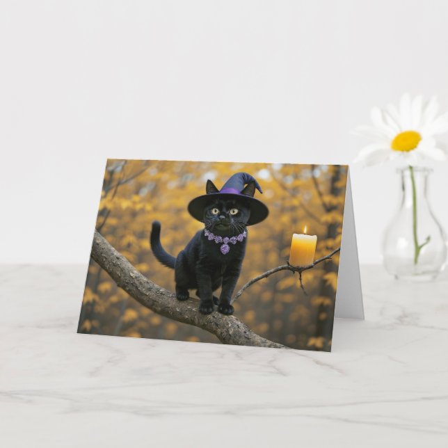 Cartão Gato de Gatinho Preto do Halloween com Chapéu de B (Planta pequena)