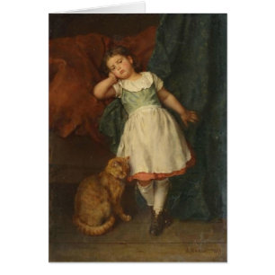 Cartão Gato de gato malhado amuando da menina e do ouro