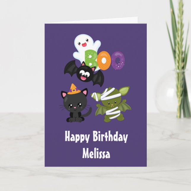 Cartão Gato de Halloween, Bat, Mamã e Fantasma (Frente)
