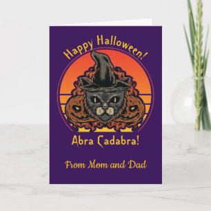 Cartão Gato de Halloween no Witch Hat Abra Cadabra Vintag
