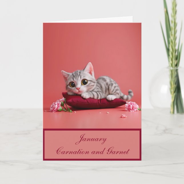 Cartão Gato de janeiro bonito com cravos (Frente)
