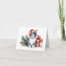 Gato de Natal com Aquarela com Presente