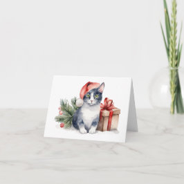 Cartão Gato de Natal com Aquarela com Presente