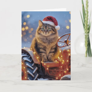 Cartão Gato de Natal Maine Coon em um Trator Antigo