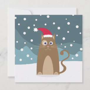 Cartão Gato de Natal na floresta de neve, gatinho de chap