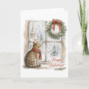 Cartão Gato de Natal na Janela com Coroa