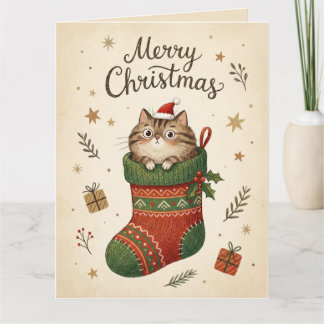 Cartão Gato de Natal na Meia