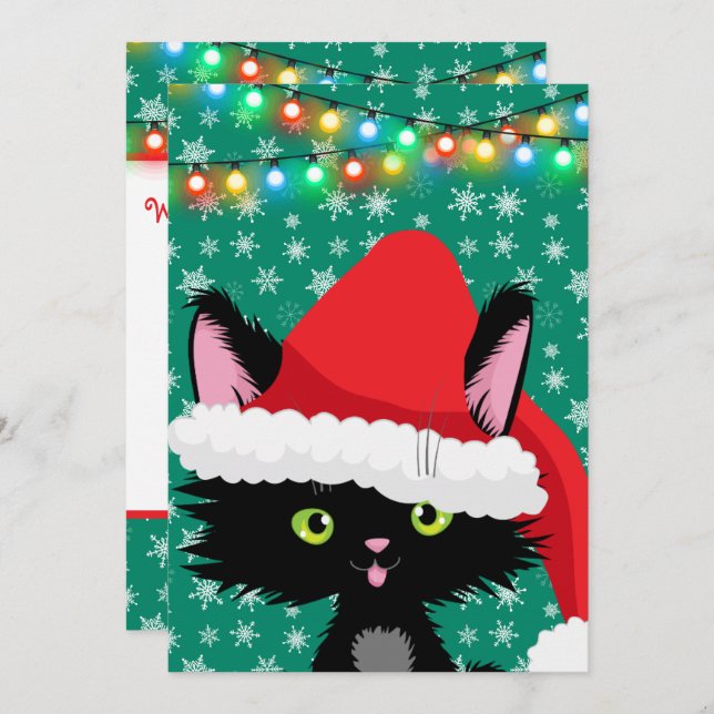 Cartão Gato de Natal personalizado com Papai Noel (Frente/Verso)