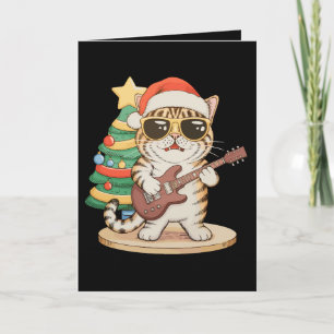 Cartão Gato de Natal Tocando Guitarra Rock Jazz Chapéu de