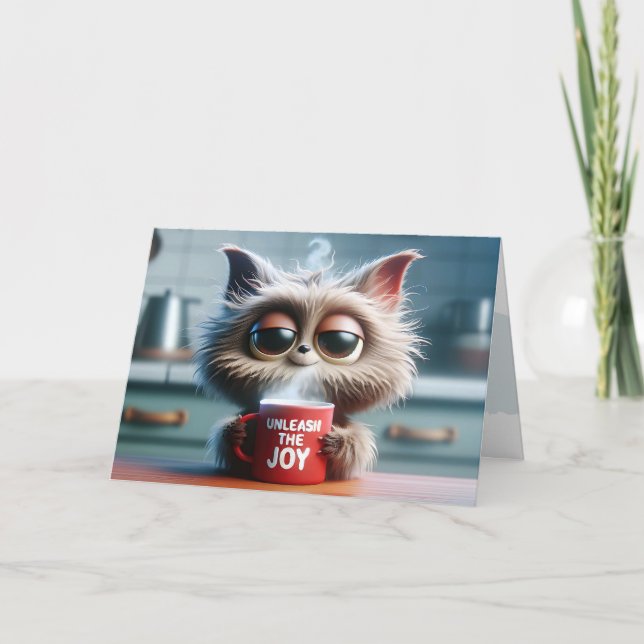 Cartão Gato De Noite Cute Com Mug De Café Vermelho (Frente)