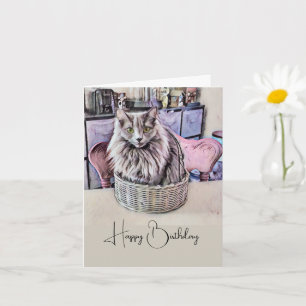 Cartão Gato de Olhos Verdes no Cesto de Aniversário