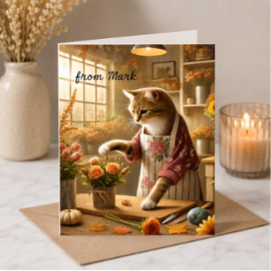 Cartão Gato de Outono com Flores – Saudação da Estação de